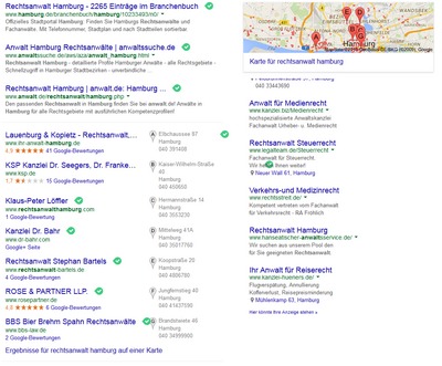 Erfolgreiches SEO: Google Ergebnisse zur Suche "Rechtsanwalt Hamburg" 
